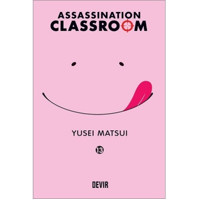 Capa rosa do livro ASSASSINATION CLASSROOM com uma cara sorridente gráfica e texto preto.