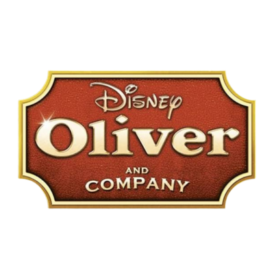 Logótipo de Disney Oliver and Company com fundo vermelho e letras douradas