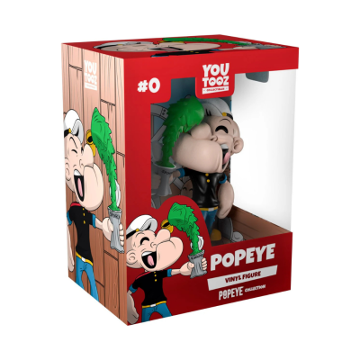 Figura de vinil Popeye na caixa vermelha da YouTooz, segurando espinafres verdes