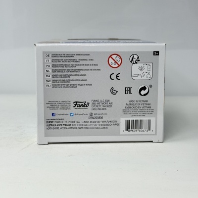 Embalagem branca de papel/cartão para Funko com texto, símbolos e código de barras