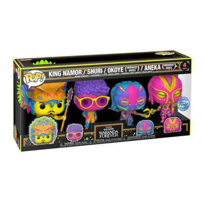 Conjunto de quatro bonecos Funko Pop! Black Panther: Wakanda Forever em caixa colorida