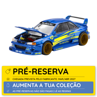 Miniatura de carro Subaru azul com detalhes amarelos e capô aberto