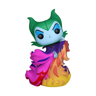 Figura Funko Pop de personagem com chifres verdes e capa colorida em chama