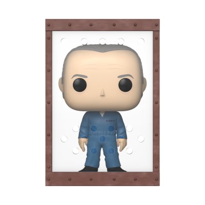 Figura Funko Pop com macacão azul dentro de moldura castanha com rebites