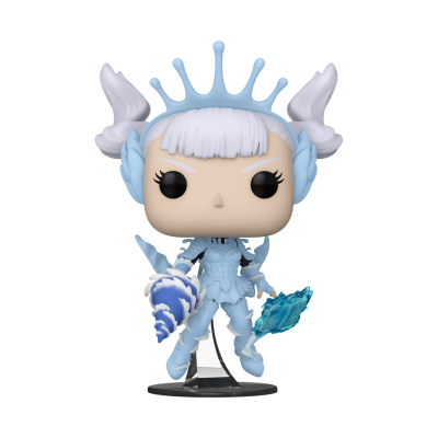 Figura Funko Pop de personagem com cabelo branco e roupa azul com acessórios azuis