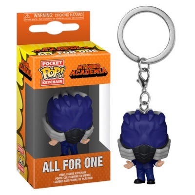 Porta-chaves Pocket Pop! All For One da My Hero Academia em vinil, com máscara preta e cabelo azul.