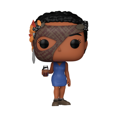 Figura Funko Pop de mulher com vestido azul e venda marrom no rosto