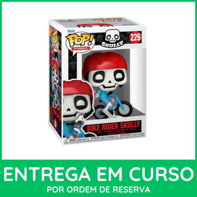 Funko Pop Skully número 226 em embalagem com personagem esqueleto e bicicleta.