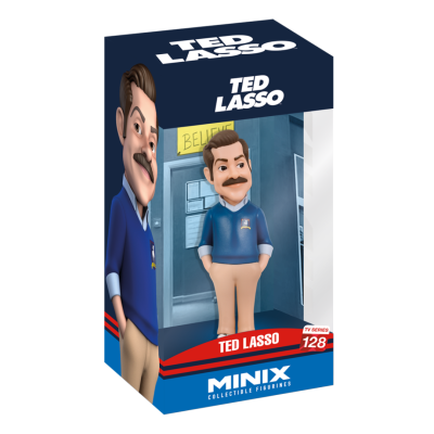 Figura colecionável Ted Lasso em embalagem azul e vermelho com texto e imagem do personagem