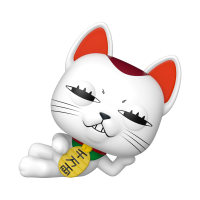 Figura decorativa de gato branco a deitar com medalha amarela e orelhas laranja