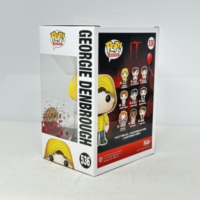 Embalagem Funko Pop! Georgie Denbrough número 536 com detalhes em branco, preto, amarelo e vermelho