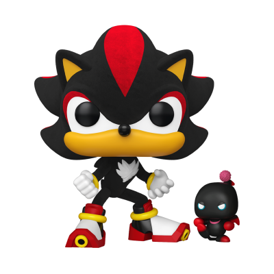 Figura Funko Pop preta e vermelha com pequena figura preta ao lado