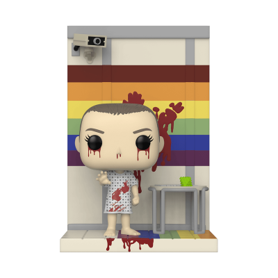Figura Funko Pop Eleven com sangue, parede arco-íris e mesa cinza