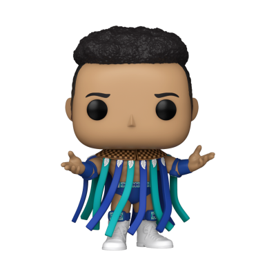 Funko Pop de personagem com roupa azul e franjas coloridas