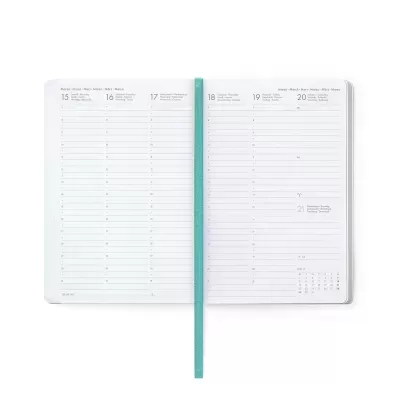 Agenda semanal aberta com marcador azul-turquesa