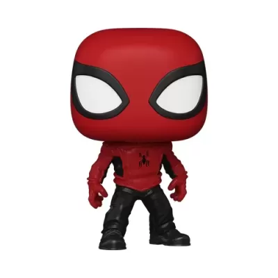 Figura colecionável Funko Pop do Homem-Aranha com máscara vermelha e detalhes em preto e branco