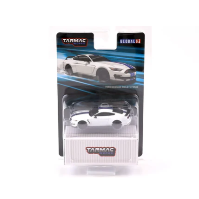 Miniatura Ford Mustang Shelby GT350R branca com riscas azuis em embalagem transparente e caixa branca