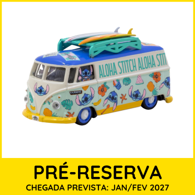 Miniatura de carrinha Volkswagen com estampados do personagem Stitch e pranchas de surf no tejadilho.