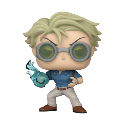 Figura Funko Pop de personagem com cabelo loiro e chama azul