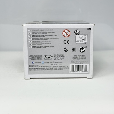 Caixa Funko Pop branca com texto e códigos de barras