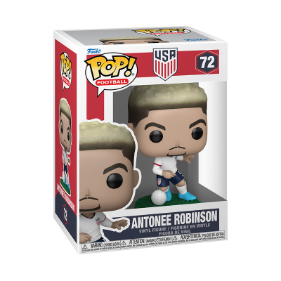 Figura Funko Pop Antonee Robinson em embalagem de cores branco, vermelho e azul