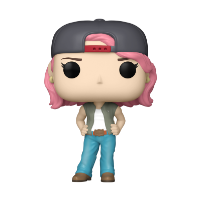 Figura Funko Pop com cabelo rosa, boné cinza, colete verde e jeans azuis