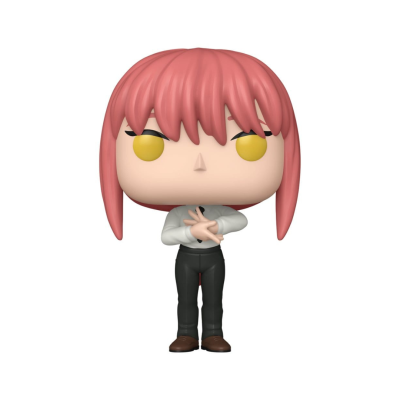 Figura Funko Pop com cabelo rosa e olhos amarelos com roupa formal.