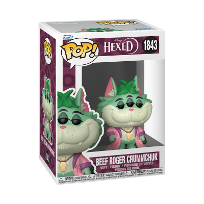 Figura Funko Pop! Disney Hexed Beef Roger Crummchuk em caixa branca com detalhes roxos e texto