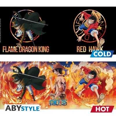 Ilustração de personagens animados 'FLAME DRAGON KING' e 'RED HAWK' em duas versões, fundo preto e fundo com fogo