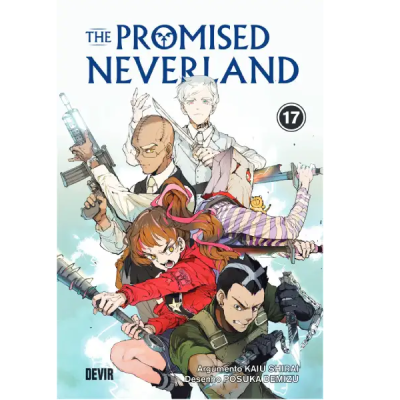Capa do volume 17 de THE PROMISED NEVERLAND com quatro personagens e armas
