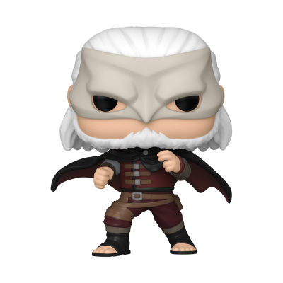 Figura Funko Pop de personagem com máscara cinza, cabelo e barba brancos, roupa marrom, capa preta.