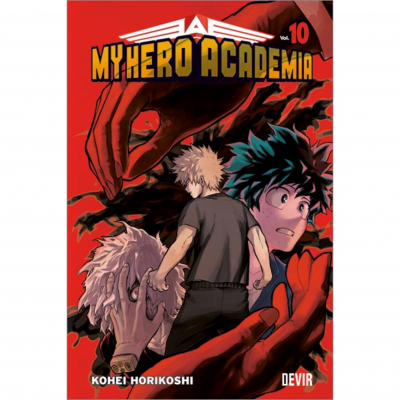 Capa do livro My Hero Academia vol 10 com personagens de anime e fundo vermelho