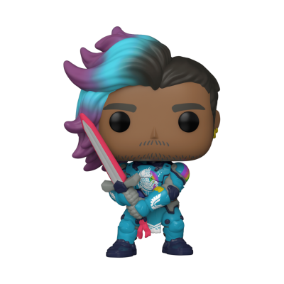 Figura Funko Pop de personagem com armadura azul e cabelo roxo e azul segurando espada