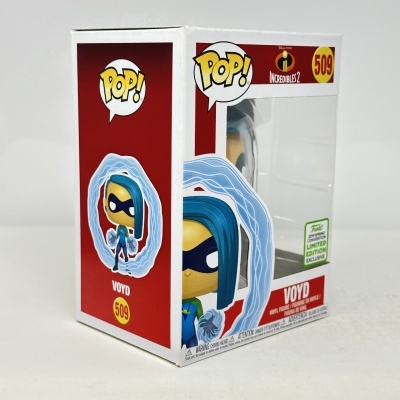 Figura Funko Pop Voyd Incredibles 2 número 509 em caixa branca e vermelha com etiqueta verde de edição limitada.