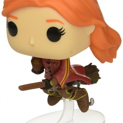 Figura Funko Pop com cabelo laranja e roupa vermelha a voar numa vassoura.
