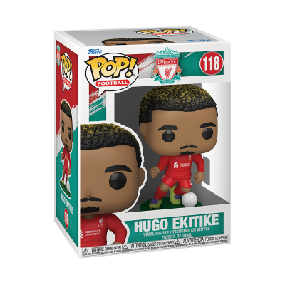 Figura Funko Pop do jogador Hugo Ekitike com uniforme do Liverpool, número 118 em embalagem