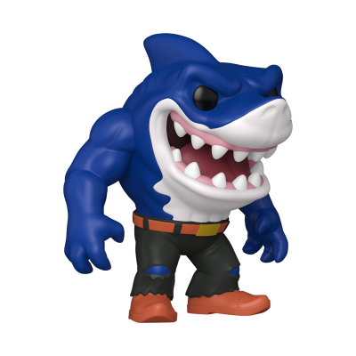 Figura Funko Pop tubarão azul com dentes brancos e roupas pretas e laranja