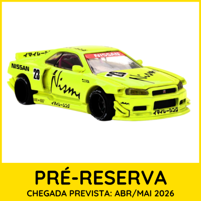 Miniatura amarela de carro de corrida Nissan Skyline GT-R R34 com decalques e números