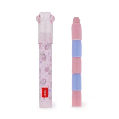 Caneta transparente rosada com desenhos de gatinhos e corações e peça segmentada roxa e cor-de-rosa