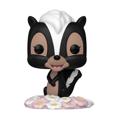 Figura Funko Pop de um texugo preto e branco sobre flores brancas e rosas