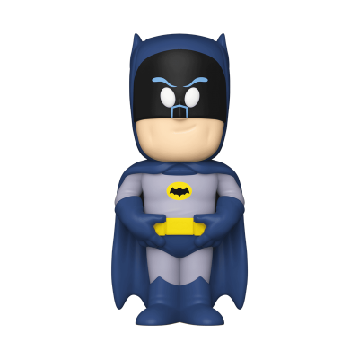 Figura de vinil do Batman com máscara preta e azul, capa azul e fato cinza.