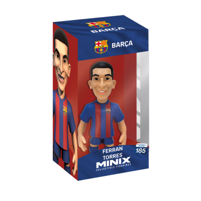 Figura colecionável de Ferran Torres do FC Barcelona numa caixa colorida.