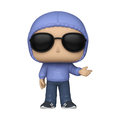 Figura Funko Pop de vinil com hoodie azul claro e óculos escuros