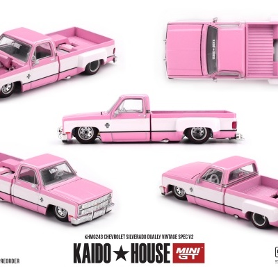 Miniatura de carrinha pick-up Chevrolet Silverado Dually vintage rosa e branca