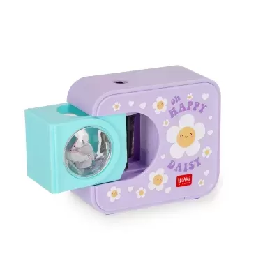 Apontador de lápis lilás e azul com flores e texto decorativo
