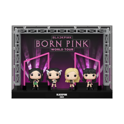 Conjunto de quatro figuras Funko Pop de BLACKPINK em palco com luzes roxas e texto Born Pink World Tour.