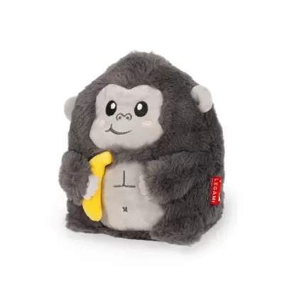 Pelúcia de gorila cinzento com banana amarela
