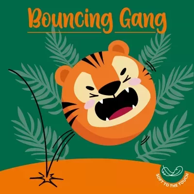 Cabeça de tigre animada saltando com texto Bouncing Gang em fundo verde