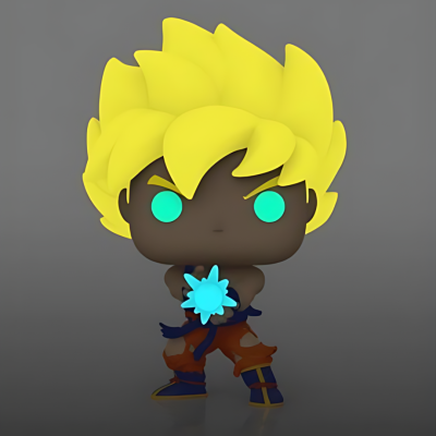 Figura colecionável com cabelo amarelo brilhante e olhos azuis segurando uma esfera azul.