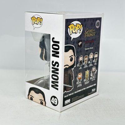 Caixa da figura Funko Pop! Jon Snow de Game of Thrones com parte da figura visível pela janela.